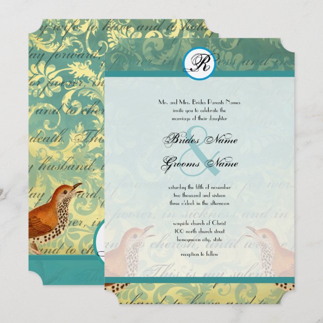 Vintage Lovebirds Lagoon Endive Wedding Einladung (Vorne/Hinten)