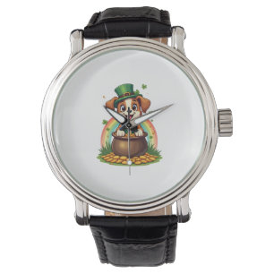 Vintage Lucky Leprechaun Welpe Regenbogen Goldtopf Armbanduhr