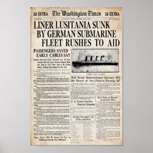 Vintage Lusitania Sinking Newspaper Schlagzeile Poster