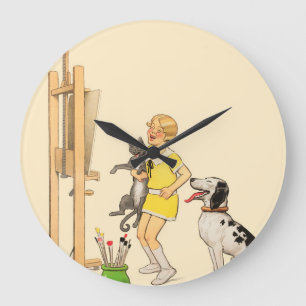 Vintage Lustige Mädchen, Hund Katze Druck Georges Große Wanduhr