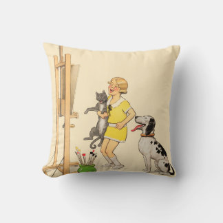 Vintage Lustiges Mädchen, Hund Katze Druck Georges Kissen