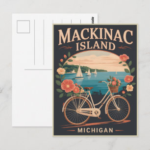 Vintage Mackinac Island Michigan mit Fahrrad Blume Postkarte