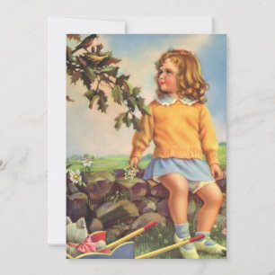 Vintage Mädchen beobachten Vögel in einem Baum, Fr