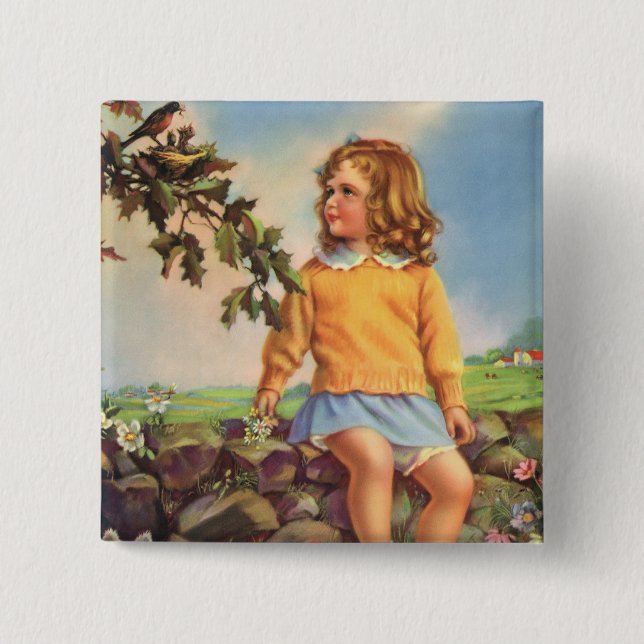Vintage Mädchen beobachten Vögel in einem Baum, Fr Button (Vorderseite)