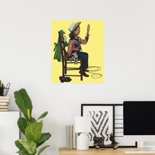 Vintage Mädchen Cowgirl beim Blick in den Spiegel Poster