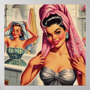 Vintage Mädchen Dusche Illustration Poster