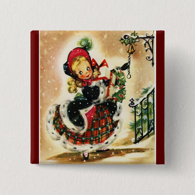 Vintage-Mädchen mit Geschenken Knopf Button (Vorderseite)