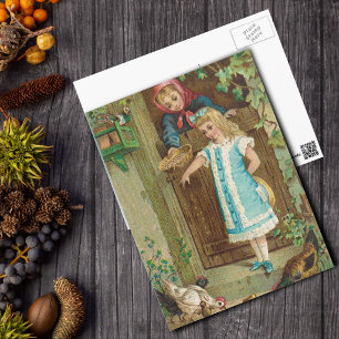 Vintage Mädchen mit Mutter beim Füttern von Hühner Postkarte