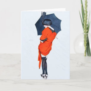 Vintage Mädchen mit Regenschirm Grußkarte Karte
