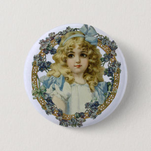 Vintage Mädchen mit wunderschönen Blumen und Schle Button