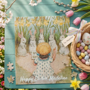 Vintage Mädchen und Osterhasen singen
