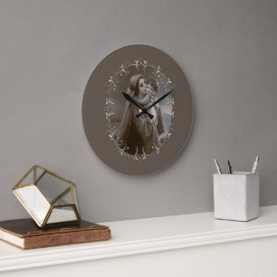 Vintage Madonna und Kind mit Silberrahmen Große Wanduhr