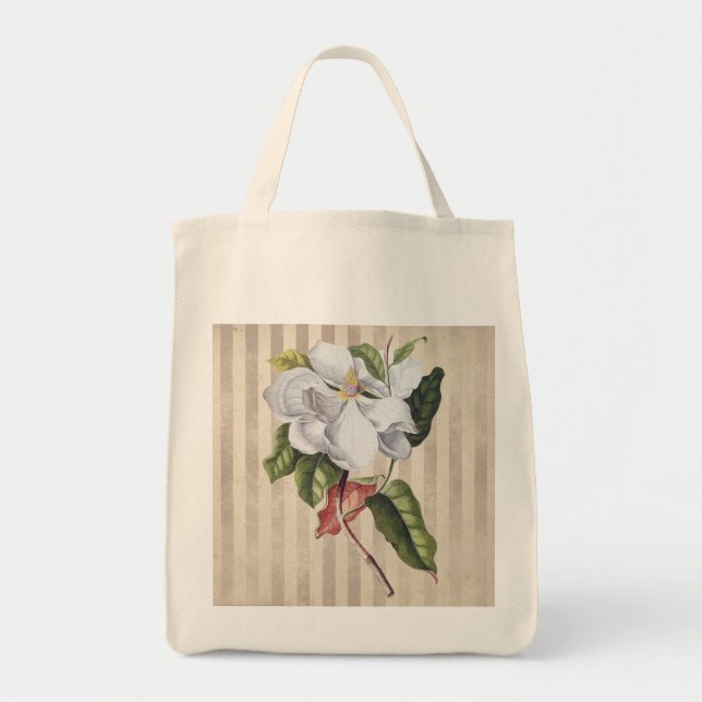 Vintage Magnolia-Blume über Streifen Tragetasche (Vorne)