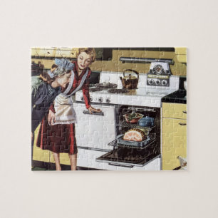 Vintage Mama in der Küche Kochen und Osterbrunnen