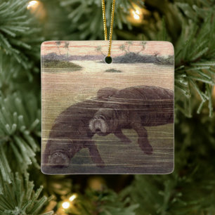 Vintage-Manatis oder Seekühe, Meeressäuger Keramikornament