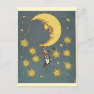 Vintage Mann, der am Mond hängt Postkarte