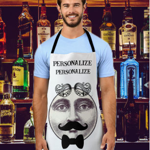 Vintage-Mann im Mond-Barkeeper-Schnurrbart-Fliege Schürze