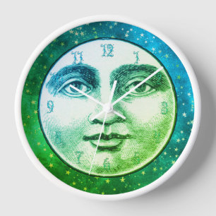 Vintage Mann im Mond Vollmond Gesicht Blaugrün Grü Uhr