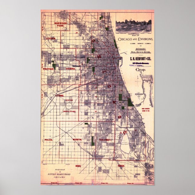 Vintage Map of Chicago Poster (Devant)