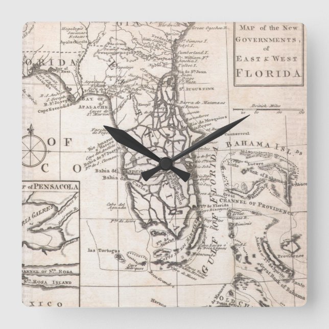 Vintage Map of Florida (1763) Quadratische Wanduhr (Vorderseite)