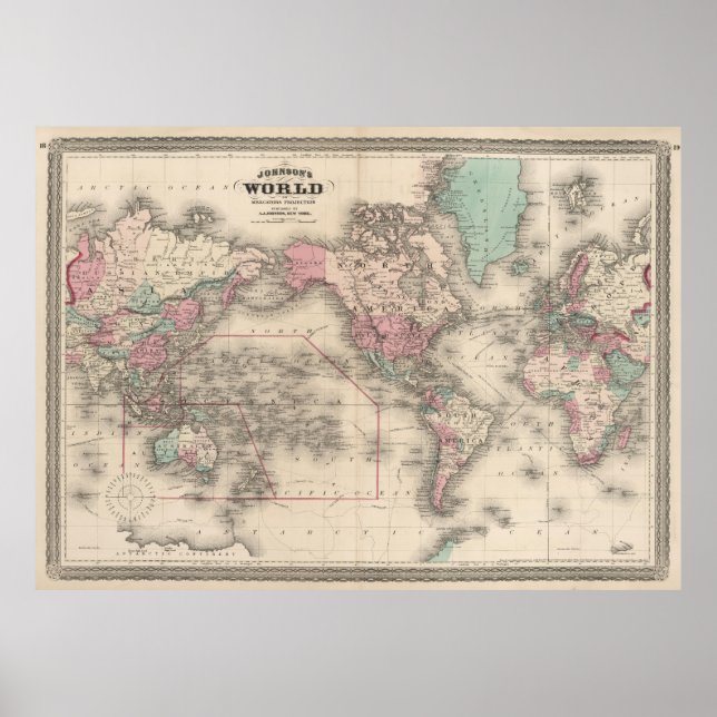 Vintage Map of The World 1870 Poster (Vorne)