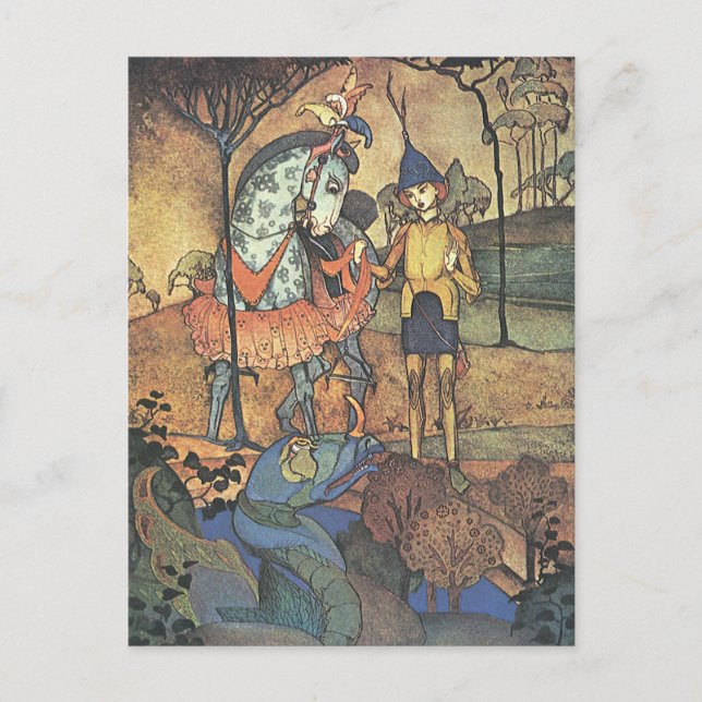 Vintage Märchen, ein tapferer Ritter und Drache Postkarte (Vorderseite)
