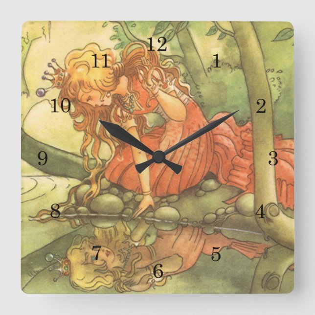 Vintage Märchen, Froschprinzessin am Teich Quadratische Wanduhr (Vorderseite)