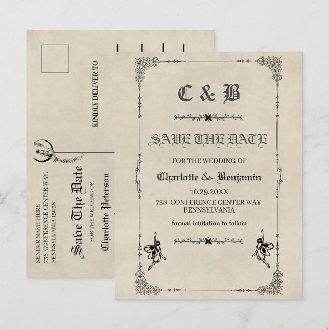 Vintage Märchen Hochzeit speichern das Datum Ankündigungspostkarte (Vorne/Hinten)