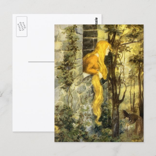 Vintage Märchen, Rapunzel mit Langblonde Postkarte (Vorne/Hinten)