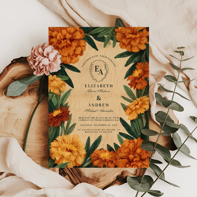 Vintage Marigold Botanische Landschaft Hochzeit Einladung (Von Creator hochgeladen)