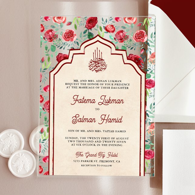 Vintage Maroon-Rote Rosen Blumenmuskelhochzeit Acryleinladungen (Von Creator hochgeladen)