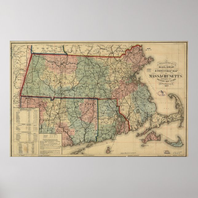 Vintage Massachusetts Bahnkarte (1879) Poster (Vorne)