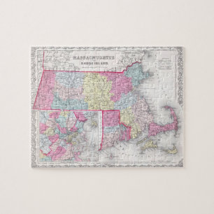 Vintage Massachusetts- und Islandkarte (1855)