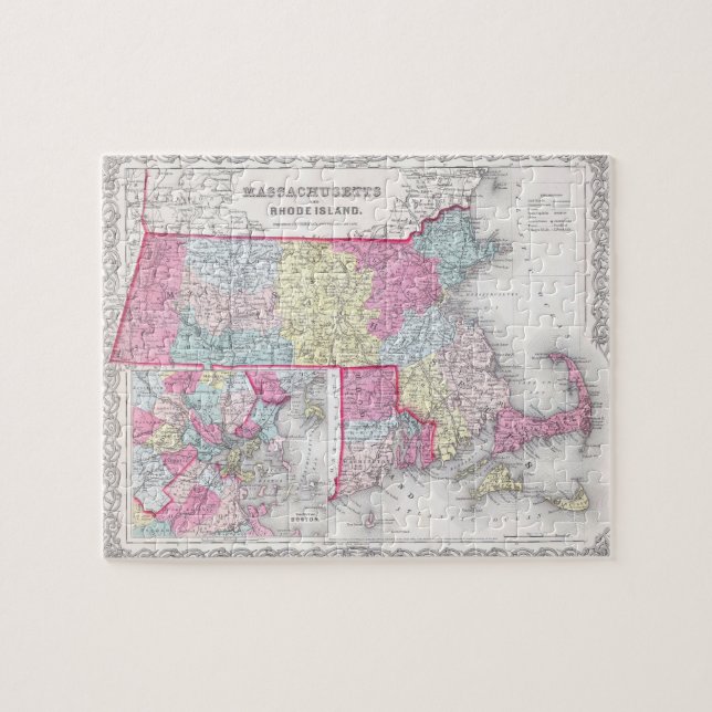 Vintage Massachusetts- und Islandkarte (1855) (Horizontal)