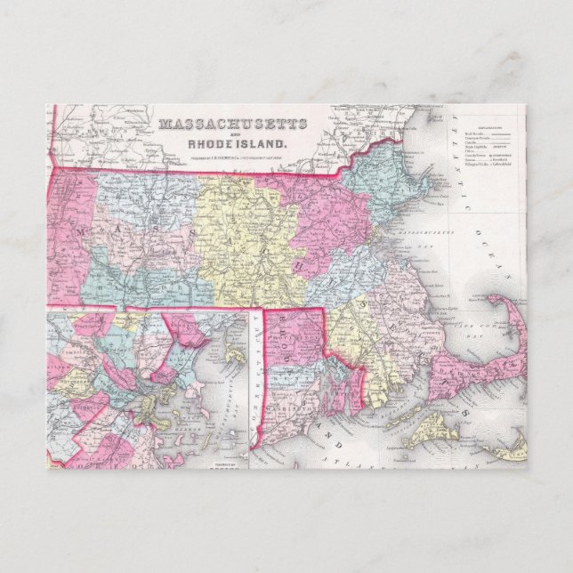 Vintage Massachusetts und Rhode Island Map (1855) Postkarte (Vorderseite)