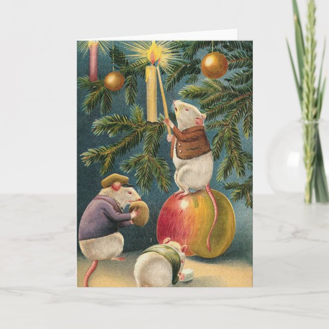Vintage Mäuse, die Weihnachtsbaum beleuchten Feiertagskarte (Vorderseite)