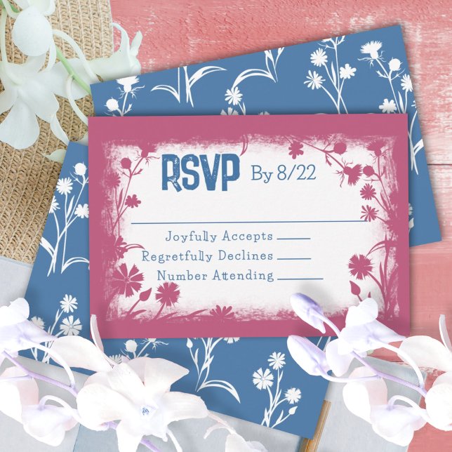 Vintage Mauve Pink Navy Blue RSVP Karte (vintage floral mauve pink red and blue bat mitzvah jewish birthday party RSVP response reply card)