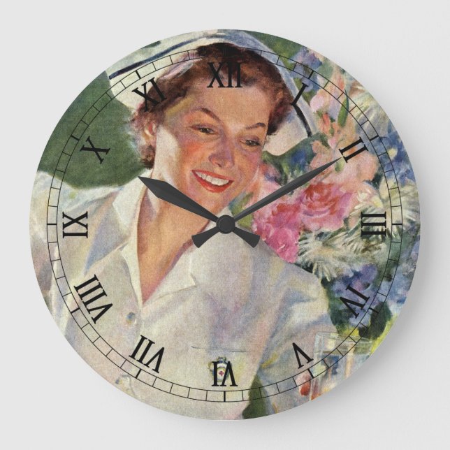 Vintage Medizin, glückliche Krankenschwester in ei Große Wanduhr (Vorderseite)