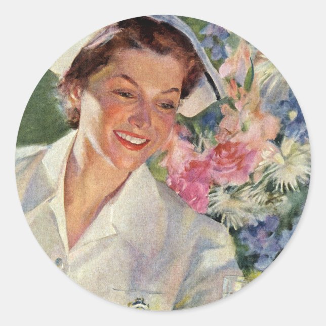 Vintage Medizin, glückliche Krankenschwester in ei Runder Aufkleber (Vorderseite)