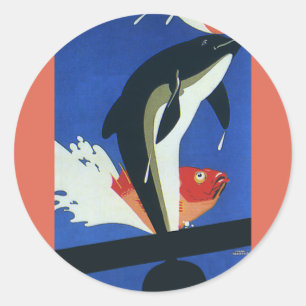 Vintage Meeresleben, Delfin und Goldfisch Runder Aufkleber