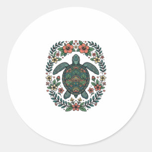 Vintage Meeresschildkröte Floral Vektor Design_1 Runder Aufkleber
