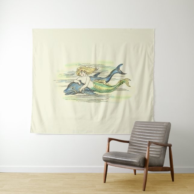 Vintage Meerjungfrau Baden mit Dolphin eingefärbt Wandteppich (Beispiel (Horizontal))