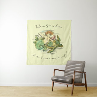 Vintage Meerjungfrau schwimmt mit Meeresschildkröt Wandteppich