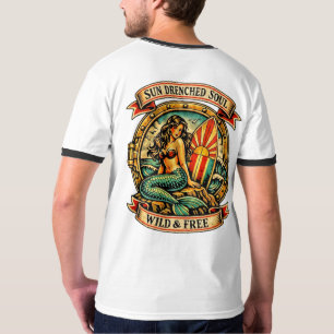 Vintage Meerjungfrau-Tattoo-Kunst Sonnendurchflute T-Shirt