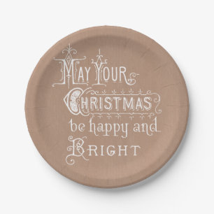 Vintage Meldung White on Kraft Christmas Pappteller
