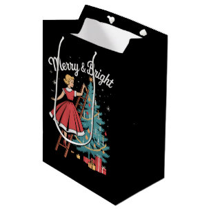 Vintage Merry Bright Mädchen schmückt Weihnachtsba Mittlere Geschenktüte