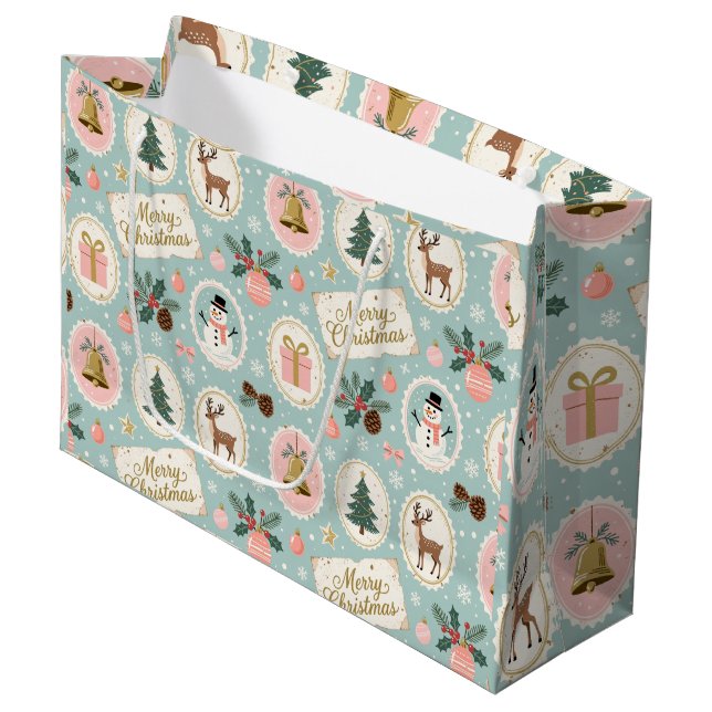 Vintage Merry Christmas Pattern Wrapping Paper Große Geschenktüte (Vorderseite Schrägansicht)