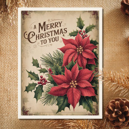 Vintage Merry Christmas Red Poinsettia  Feiertagspostkarte