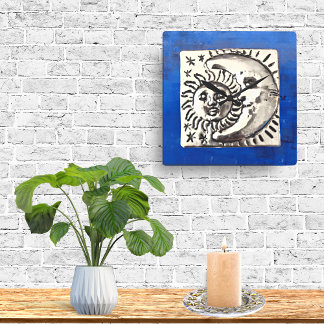Vintage mexikanische Silver Sun & Moon auf blau Quadratische Wanduhr