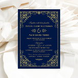 Vintage Midnight Blue und Gold Art Deco Wedding Einladung<br><div class="desc">Elegante und glamouröse Art Deko Hochzeitseinladungen inspiriert durch verzierten Vintagen Gatsby Stil und den rauschenden 20er Jahren. Das Kartendesign zeichnet sich durch ein dunkles Farbschema von Mitternacht in Blau und Gold,  verzierte Zierrahmen und -muster und eine stilvolle Typografie aus,  die völlig personalisiert sein kann.</div>